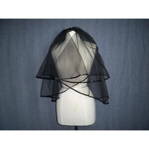 Black 2 tier gothic wedding black satin ribbon edge Costume Renaissance Veil